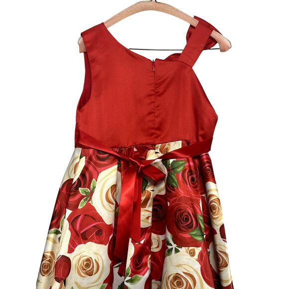 NSSMWTTC Satin Dress Floral Pattern Back Zip Closure Bow Accent Red Girl's AU7 - Picture 5 of 6
